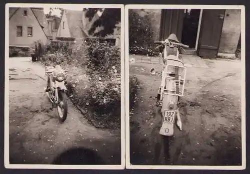 2 Fotografien Motorrad, LKrad im Garten stehend
