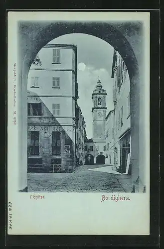 Mondschein-AK Bordighera, L`Eglise