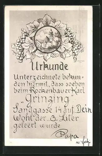 Künstler-AK Wien-Grinzing, Urkunde für Leerung eines 3 Liter Behälters, Sandgasse 14