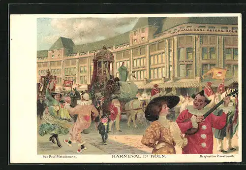 AK Köln, köstümierte Stadtbewohner mit geschmückter Kutsche während des Faschings