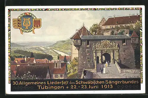 Künstler-AK Tübingen, 30. Allgemeines Liederfest des Schwäbischen Sängerbundes, Schloss und Wappen