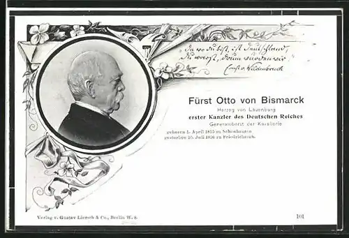 AK Seitenansicht von Bismarck, erster Kanzler des Deutschen Reiches