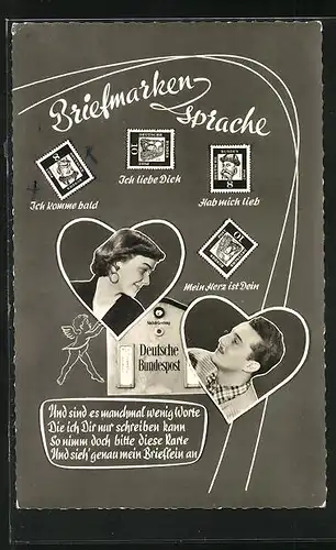 Passepartout-AK Briefmarkensprache, Ich liebe Dich, Hab mich lieb, Mein Herz ist Dein, Mann und Frau in Herzen