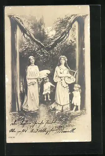 AK Mädchen mit Harfe und Malerpalette unterm Buchstaben M