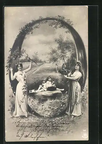 AK Frau mit Obstkorb und Blütenzweig vor dem Buchstaben O