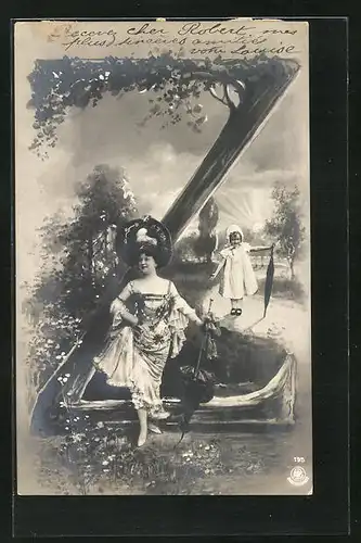AK Frau mit modischem Hut und Schirm vor dem Buchstaben Z