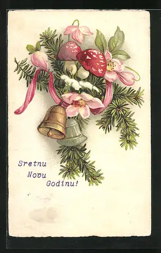 AK Tannenzweig geschmückt mit Glöckchen, Blüten und Pilzen