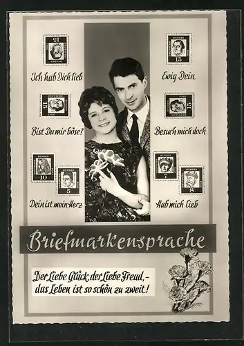 Passepartout-AK Briefmarkensprache, Ich hab Dich lieb, Ewig Dein, Besuch mit doch, Pärchen mit Blumen