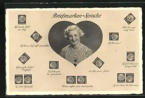 AK Briefmarken-Sprache, Blonde Schönheit
