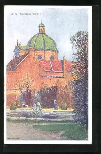 Künstler-AK Wien, Salesianerkirche mit Springbrunnen