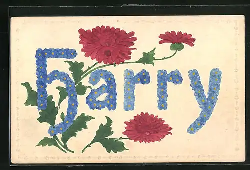 Präge-AK Namenstag Harry, Buchstaben aus Blüten