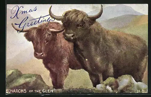 Künstler-AK Monarchs of the Glen, zwei Ochsen im Gebirge