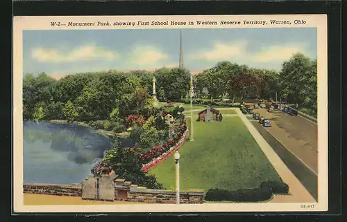 AK Warren, OH, Monument Park, First School House in Western Reserve Territory