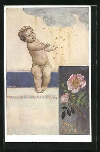 Künstler-AK München, Heckenröschentag 1912, Nackter Junge im Geldregen