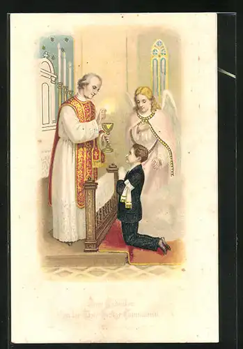 AK Knabe kniet vor dem Priester und empfängt Speis und Trank zur Konfirmation, Schutzengel neben dem Knaben