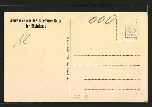 AK Tausendjähriges Rheinlandjubiläum, Relief mit Darstellung der Personifikation des Rheins