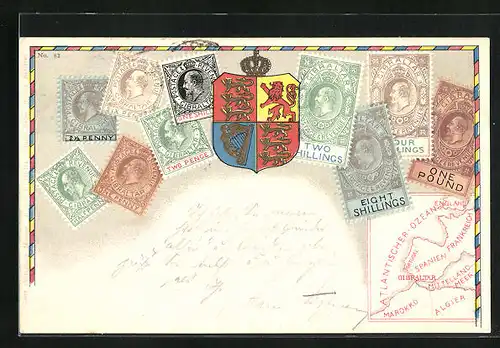 AK Briefmarken aus Gibraltar mit Wappen