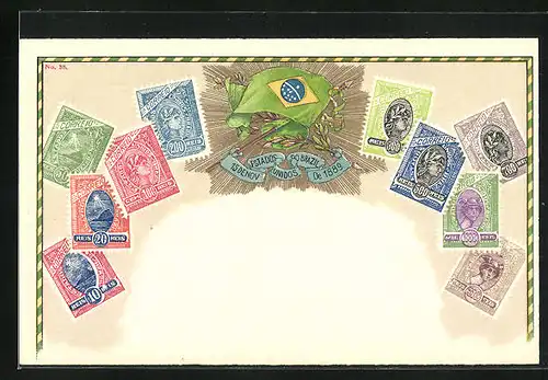 AK Brasilianische Briefmarken mit Fahne