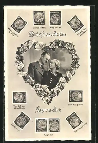AK Junges Paar schaut sich verliebt in die Augen, Briefmarkensprache