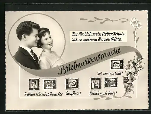 AK Briefmarken sprechen für 2 Verliebte, Briefmarkensprache