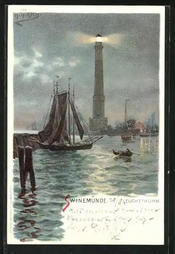 Künstler-AK Swinemünde, Leuchtturm in Betrieb