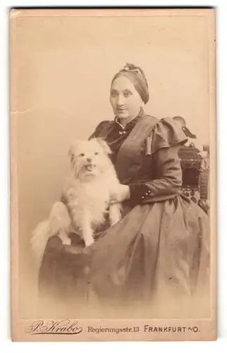 Fotografie P. Krabo, Frankfurt /Oder, Portrait Dame mit weissem Hund auf dem Schoss