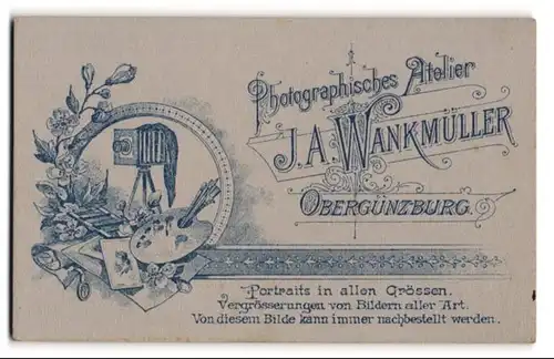 Fotografie J. A. Wankmüller, Obergünzburg, rückseitiges Motiv Balgenkamera, vorderseitig Portrait