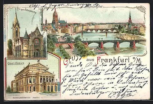 Lithographie Frankfurt /Main, neue Peterskirche, Opernhaus, Mainansicht