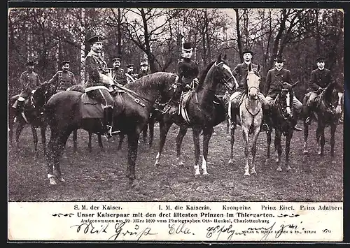 AK Berlin, Das Kaiserpaar mit den drei ältesten Kronprinzen im Tiergarten