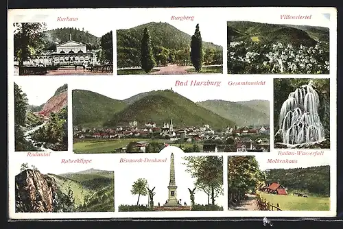AK Bad Harzburg, Kurhaus, Burgberg, Villenviertel, Rabenklippe, Bismarckdenkmal und Radau-Wasserfall