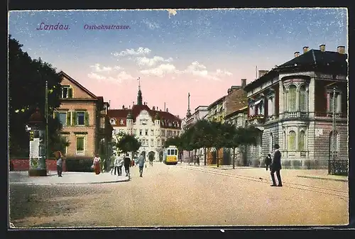 AK Landau, Ostbahnstrasse, Strassenbahn