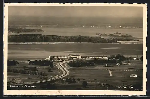AK Chiemsee, Raststätte am Chiemsee aus der Vogelschau