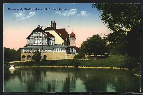 AK Remscheid, Stadtparkhalle mit Bismarckturm