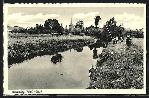 AK Horneburg an der Elbe, Kirche vom Elbufer gesehen