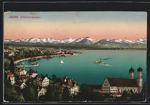 AK Friedrichshafen, Ortsansicht mit Bodensee