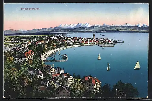 AK Friedrichshafen am Bodensee, Generalansicht mit Gebirgspanorama