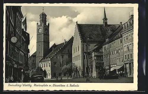 AK Ravensburg in Württ., Marienplatz mit Blaserturm und Rathaus