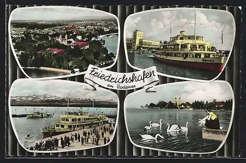 AK Friedrichshafen am Bodensee, Gesamtansicht, Passanten am Schiffsanleger