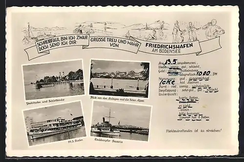 AK Friedrichshafen /Bodensee, Raddampfer Bavaria, Yachthafen und Schlosskirche