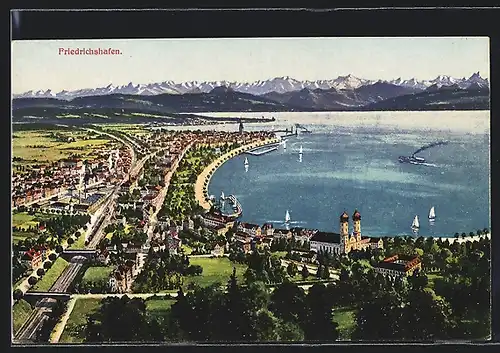 AK Friedrichshafen /Bodensee, Ortsansicht mit See- und Alpenblick