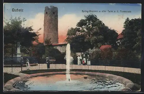AK Oschatz, Springbrunnen u. alter Turm an der Promenade