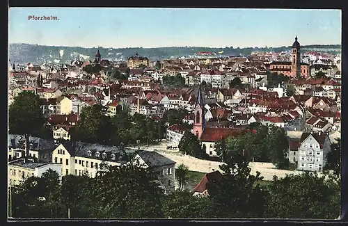 AK Pforzheim, Teilansicht mit Fernblick aus der Vogelschau