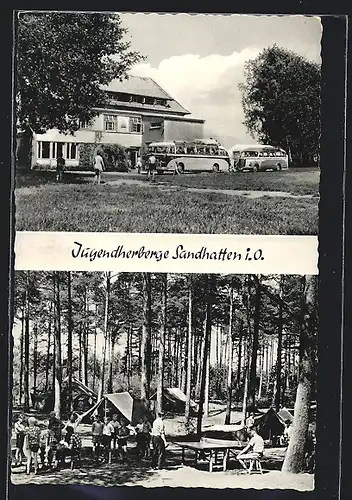 AK Sandhatten i. O., die Jugendherberge, Zeltlager im Wald