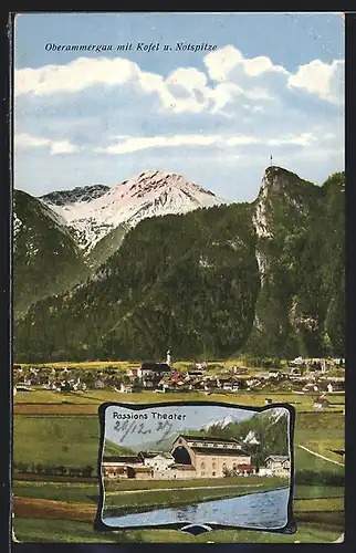 AK Oberammergau, Ortsansicht mit Kofel & Notspitze, Passions Theater