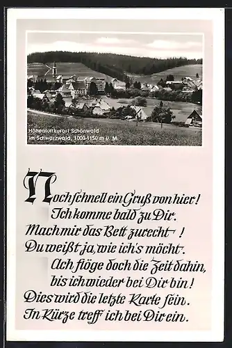 AK Schönwald im Schwarzwald, Gesamtansicht, Grussbotschaft