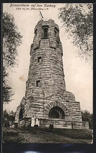 AK Netzschkau, Bismarckturm auf dem Kuhberg, Deutsche Flagge