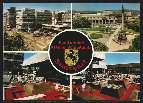 AK Stuttgart, Kleiner Schlossplatz mit Springbrunnen, Wappen