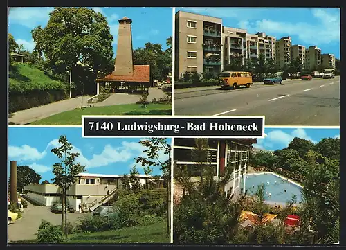 AK Ludwigsburg-Bad Hoheneck, Gebäude mit Swimming Pool, Heilbad, Flachdachgebäude, Strassenpartie