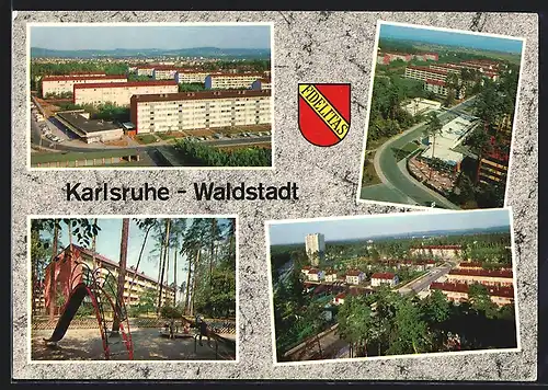 AK Karlsruhe-Waldstadt, Teilansichten mit Strassenpartien, Spielplatz