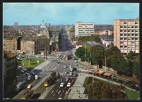 AK Karlsruhe, Kaiserstrasse mit Strassenbahnen und Technische Hochschule